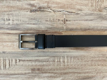 Load image into Gallery viewer, black thick leather belt with nickel buckle
