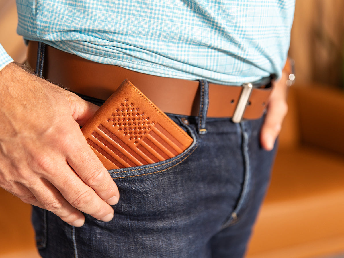 John Candor brown belt brown wallet American flag