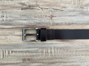 dark brown leather belt with nickel buckle