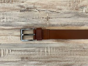 brown leather belt with nickel buckle